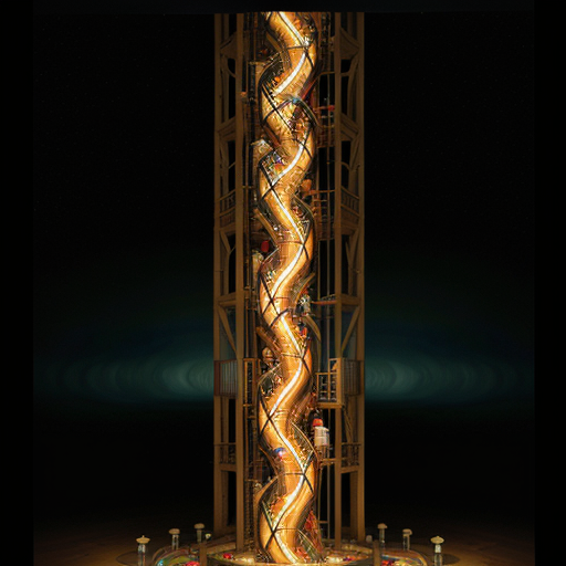 A stylized, ascending ladder constructed from circuit boards and human hands, partially obscured by a swirling, chaotic vortex representing systemic challenges.